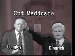 ["The 1996 political ad for Democratic candidate Tom Allen primarily focuses on negatively portraying his opponent Jim Longley by linking him to Newt Gingrich. Through a series of scenes displaying newspaper critiques, public speeches, and negative headlines, the ad accuses Longley of supporting policies detrimental to seniors and students, highlighting his involvement in controversial political actions and government shutdowns. The overall tone is critical and warns of Longleys alignment with unpopular and harmful legislative choices."]