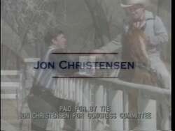 ["In the 1996 political TV ad, Republican Jon Lynn Christensen enthusiastically interacts with Nebraskans across various settings. The scenes feature Christensen passionately speaking, shaking hands, and engaging closely with community members, highlighting his grassroots connections and commitment to local values. His approachable demeanor and dedication are evident in multiple community gatherings."]
