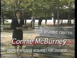 ["In the 1996 presidential campaign ad for Connie McBurney, the Democratic Party candidate emphasizes education strongly. The ad features scenes where McBurney addresses concerns about education funding cuts and opposition to slashing student loans, speaking directly to the camera and passionately from a podium, with an American flag backdrop, underscoring her dedication to safeguarding educational opportunities."]