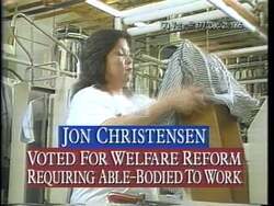 ["In his 1996 presidential campaign ad, Republican Jon Lynn Christensen emphasizes welfare reform, advocating work over dependency to promote dignity and self-sufficiency. Scenes show him interacting positively with diverse constituents and speaking assertively about the benefits of his welfare policies. The ad presents Christensen as a confident advocate for legislative change."]