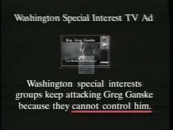 ["The 1996 political ad campaign for Republican candidate John Greg Ganske focuses on his strong stance against misleading allegations from special interest groups. The ad portrays him as resolute and honest, consistently debunking false claims regarding his policies on Medicare, education, and political integrity. Ganske is depicted as a leader defending his record with integrity and sincerity, addressing the public with confidence and factual rebuttals, amidst a backdrop of supportive crowds and critical media headlines."]
