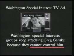 ["In his 1996 campaign ad, Republican candidate John Greg Ganske presents himself as a steadfast defender against false special interest attacks. Amid swirling headlines and critical banners like \"Truth Wins\" and \"Truth Over Lies,\" Ganske confidently addresses the camera and audiences, underscoring his commitment to integrity and leadership, while rebuking misleading claims and emphasizing his resistance to unjust influence."]