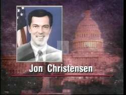 ["In his 1996 TV ad, Republican Jon Lynn Christensen defends his stance on Medicare, portraying himself as a steadfast and honest legislator amid misleading attacks from opponents. Scenes include him addressing crowds and cameras, scrutinizing documents, and standing resolute in legislative settings, all framed by a constant presence of American flags and campaign banners."]