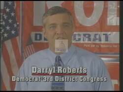 ["In the 1996 political TV ad, Democratic candidate Darryl F. Roberts fervently criticizes Newt Gingrich's policies, highlighting his military background and pledging staunch support for equitable Medicare and education reforms. Throughout the ad, Roberts, positioned against American flag backdrops, emphasizes leadership and community values, contrasting himself with Republican approaches, and calling for robust support and change."]