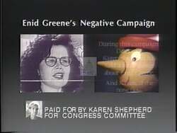 ["In the 1992 political TV ad, Democratic Party candidate Karen Shepherd critiques her opponent Enid Green's budget plan. The ad portrays Green negatively through various frustrated and angry appearances, highlighting her defensive reactions to criticism. Shepherd's campaign juxtaposes these negative visuals with documented critiques, positioning Shepherd as the factual and composed alternative."]
