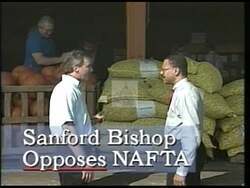 ["In Sanford Dixon Bishop's 1992 ad campaign, he consistently opposes NAFTA, driven by a commitment to protect American jobs and support Georgia's farmers. Each scene shows Bishop speaking passionately at various locations, emphasizing his stance against NAFTA to safeguard local agriculture and maintain job standards across the nation."]