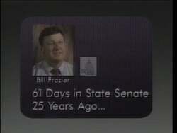 ["The 1992 political TV ad for Phil Sharp combats negative accusations by portraying Bill Frazier negatively. It emphasizes Phil Sharp's integrity and dedication to the middle class, highlighting his exoneration from financial misconduct. Sharp appears assertive, debunking false claims while a text overlay supports his clear record and achievements."]