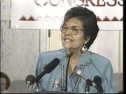 ["In a 1992 political TV ad, Democratic candidate Ada Deer confidently presented her congressional candidacy. Scenes across the ad depicted Deer at various podiums, passionately discussing her progressive agenda to diverse and engaged crowds. She emphasized transformative leadership and an activist-driven approach, aimed to bring about significant changes in politics."]