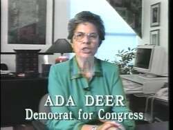 ["In her 1992 campaign ad, Democratic candidate Ada Deer is portrayed passionately advocating for political reform while confidently addressing large, diverse crowds at various rallies in Wisconsin. The recurring scenes at podiums, backed by campaign banners and American flags, emphasize her commitment and the enthusiastic support of her followers."]