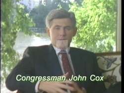 ["The 1992 political campaign ad for John W. Cox for Democratic Party features him addressing the national debt crisis. Through various scenes, Cox speaks at podiums, earnestly discussing the importance of federal budget deficit reduction and fiscal responsibility. He emphasizes the urgent need to protect future generations by controlling the national debt, urging viewers to support his re-election to tackle these pressing issues."]