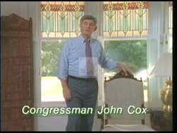 ["In the 1992 campaign ad, Democratic candidate John W. Cox confidently reiterated his commitment to transparent and honest governance while seeking reelection. The scenes show Cox discussing his economic policies and election promises at various events, emphasizing informed voter choice and integrity in politics, positioned consistently at a podium."]