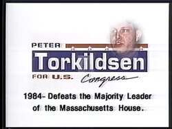 ["In the 1992 political TV ad, Republican Peter Gerard Torkildsen confidently addresses his focus on economic and healthcare reforms. Speaking from various settings including an office and podiums before large audiences, Torkildsen emphasizes job creation, economic recovery, and the importance of robust policy changes in Congress. The ad portrays him as determined and sincere."]