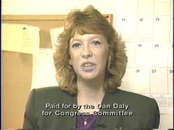 ["In the 1992 political campaign ad for Republican candidate Dan Daly, the focus is on his professional interactions and policy discussions in an office, his addressing of diverse crowds at campaign events, and his engagement with workers in a factory setting, promoting job creation in Massachusetts. Daly's confident demeanor underscores his commitment to economic development and congressional leadership."]
