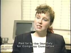["In the 1992 campaign ad, Republican Dan Daly positions himself as a champion for economic growth and job creation. Throughout various scenes, Daly is seen confidently speaking from podiums, backed by campaign banners and the American flag, promising to leverage his economic expertise to boost employment and prosperity."]