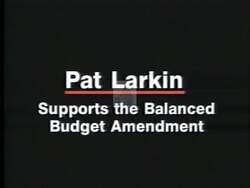 ["In the 1992 campaign ad for Republican Pat Larkin, scenes highlight his passionate and confident demeanor. Addressing large crowds outdoors, Larkin focuses on future-oriented themes, evidenced by banners stating \"Protect Our Future\" and \"Protect Our Children's Future.\" His expressions range from passionate to smiling, emphasizing a hopeful outlook."]