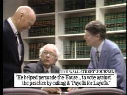 ["In the 1996 political TV ad, Bernie Sanders vehemently condemns CEOs, particularly from defense companies, for unethical practices including receiving large bonuses during massive layoffs. Throughout various scenes, he is seen passionately advocating for workers' rights and fiscal responsibility, both at podiums and addressing Congress, emphasizing his stance against corporate greed and exploitation."]