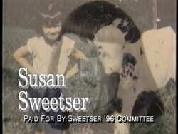 ["In her 1996 political TV ad, Republican Susan W. Sweetser projected confidence and determination, unequivocally advocating for legislative and social reforms in Vermont. Throughout a series of similar scenes, she engages passionately with audiences from podiums, emphasizing her resilient dedication to public service and strong leadership qualities, aimed at rallying voters for her congressional campaign."]