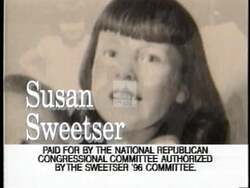 ["In a 1996 campaign ad, Republican Party candidate Susan W. Sweetser presents herself as a determined and resilient advocate for justice and community reform in Vermont. Throughout various scenes, Sweetser confidently speaks at podiums, embodying her legislative achievements and policy goals, while addressing audiences at campaign rallies, all aimed at securing a congressional seat."]
