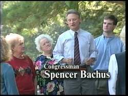 ["In the 1996 campaign ad for Spencer Thomas Bachus, several scenes depict a confident Republican speaker, possibly Bachus himself, at podiums criticizing President Bill Clinton while asserting legislative achievements by Congressional Republicans. He discredits Clinton���������s claims to these successes and advocates for further government reforms, emphasizing Republican efforts and future commitments. Newt Gingrich also appears, vigorously addressing Congress."]