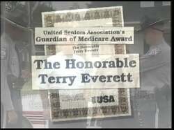 ["In the 1996 campaign ad, Terry Everett, a Republican Party candidate, is repeatedly shown receiving the ���������Guardian of Medicare Award��������� from the United Seniors Association. Surrounded by applauding seniors, the imagery emphasizes his commitment to Medicare. Each scene highlights Everett���������s recognition and support within the senior community, reinforcing his stance as a protector of senior citizens' benefits."]