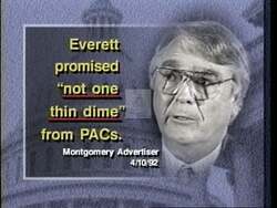 ["In the 1996 political TV ad targeting Democratic candidate Bob Gaines, scenes dramatically portray opponent Terry Everett in a negative light. Everett is shown surrounded by paperwork, appearing conflicted and serious, as a narrator accuses him of accepting PAC contributions and voting against seniors, safety standards, and teen drinking laws. The ad suggests Everett's decisions have negatively impacted community welfare and broken campaign promises."]