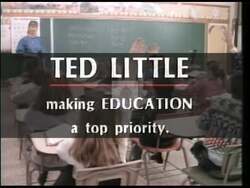 ["In his 1996 campaign ad, Democratic candidate Ted Little passionately focuses on education. He speaks at various podiums, repeatedly advocating for enhanced educational resources, support for underprivileged students, and reforms such as student loans, technology in classrooms, and school breakfast programs. His commitment to improving education and achieving equality is evident throughout."]