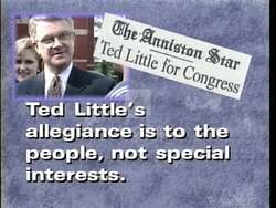 ["In Ted Little's 1996 political ad, he is portrayed as a passionate and committed leader, addressing various crowds on the themes of ethics, education reform, government reform, balanced budgets, and community values. Each scene shows him confidently speaking at podiums, energizing his supporters with his commitment to integrity and public service."]