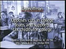 ["The 1996 political TV advertisement for Democratic Party candidate Jay Hoffman targets education, contrasting his support for educational funding through loans and tax credits with Republican rival John Shimkus���������s advocacy for significant cuts. The ad features concerned parents and visual comparisons highlighting the candidates' divergent stances on college affordability, emphasizing the impact on families."]