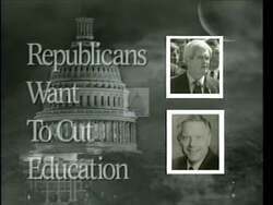 ["In the 1996 political TV ad for Democratic candidate Laurel Lunt Prussing, various scenes depict the negative impact of educational funding cuts. Children and educators appear distressed in under-resourced classrooms, with visuals of worried parents and critical text overlays emphasizing the consequences of politicians' decisions on education. The ad effectively highlights the urgency of restoring educational funding."]