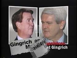 ["The 1996 political ad for Democratic candidate Darryl F. Roberts highlights his opponent Wes Watkins' controversial allegiance to Newt Gingrich and the Republican Party. The ad underscores Watkins' commitment to GOP's disputed budget cuts in exchange for a promised leadership role, emphasizing his switch from Democratic roots as a betrayal."]