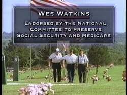 ["In the 1996 presidential campaign ad, Republican Wesley Watkins ardently commits to preserving Social Security and Medicare. Addressing an elderly audience and backed by family photos, Watkins conveys dedication and gratitude, promising steadfast protection of seniors' benefits. His passionate expressions and solemn nods underscore his commitment to enhancing financial security for the elderly."]