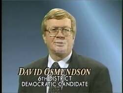 ["In the 1996 presidential campaign ad, David L. Osmundson, a Democratic candidate, confidently addresses various audiences. Scenes show him speaking at a podium, often with a campaign banner background, promoting a vision of positivity, community growth, and a unified government. His demeanor is hopeful and appealing, consistent with his optimistic message."]