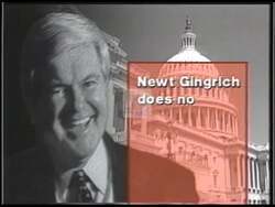 ["The 1996 political TV ad for Democratic candidate Frank Reid portrays opposition figure Newt Gingrich in a negative light, emphasizing his apparent distress in political discussions. The ad contrasts this with scenes of Reid's effective leadership and community support, positioned as a favorable alternative advocating for middle-class interests."]