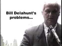 ["The 1996 political TV ad from the Democratic Party candidate Ian Bowles features a series of stark visual criticisms of rival Bill Delahunt. Depicting Delahunt in an unfavorable light, the ad suggests serious issues with his tax transparency and potential financial irregularities, using imagery of American flags and campaign symbols alongside negative text overlays to highlight the concerns."]