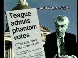 ["The 1996 political TV ad for William D. Delahunt targets his opponent Ed Taig, portraying him as a dark and menacing figure. Scenes emphasize Taig's opposition to crucial social and environmental protections, suggesting he manipulates congressional voting. The ad uses stark, phantom-themed imagery to depict Taig as harmful to community interests."]