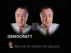 ["In the 1996 presidential campaign ad for Rick Weiland, the ad focuses on Jim Abbott, highlighting his contradictory political affiliations. Through various scenes, the ad contrasts images of Abbott supporting the Democratic Party alongside evidence of his financial contributions to Republicans, questioning his true allegiance and consistency."]