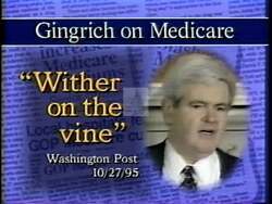["The 1996 political TV ad for Democratic candidate Rick Weiland highlights concerns about Republican policies threatening Medicare and Social Security. Featuring imagery of John Thune and Newt Gingrich, the ad portrays Thune as in alignment with Gingrichs controversial views, emphasizing the risk these policies pose to seniors."]