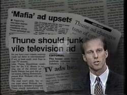 ["In a 1996 political TV ad, Rick Weiland responds to John Thunes negative campaign. The ad portrays Weiland reflecting on misleading accusations from Thune, while highlighting critical newspaper headlines and depicting a frustrated voter disturbed by Thunes negative ads. The somber tone underscores concerns about Thune's integrity."]
