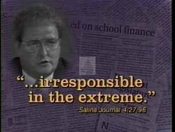 ["The 1996 TV ad for Judith Louise Hancock criticizes her opponent, Vince Snowbarker, highlighting his negative impact on education. It features scenes of Snowbarker announcing budget cuts, defending these cuts in a legislative setting, and speaking at a podium, causing concern among educators, parents, and politicians. The ad portrays Snowbarker as harmful to educational funding and stability."]