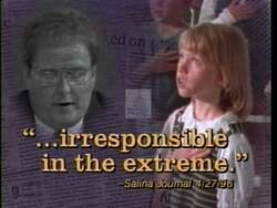 ["In the 1996 ad for Democrat Judy Hancock, rival candidate Vince Snowbarker is depicted unfavorably concerning education. Various scenes highlight his stern demeanor and controversial stance on education funding cuts, with banners and captions ironically stating \"Education First.\" The ad showcases Snowbarker's repeated anti-education votes and his proposals for drastic budget cuts, portraying him as unsuitable for maintaining educational integrity."]