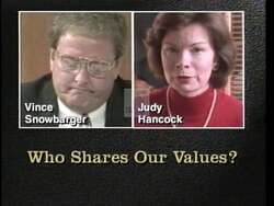 ["In her 1996 political TV ad, Democratic candidate Judy Hancock contrasts her policies with those of Republican Vince Snowbarger. Highlighting their opposing stances, Hancock focuses on her commitment to education, Medicare, and community safety, criticizing Snowbarger's extreme views and alignment with unfavorable policies like the Gingrich Plan and restrictive gun laws, thereby promoting her alignment with Kansas values."]