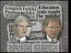 ["The political TV ad targets Vince Snowbarger, emphasizing his extreme political positions, often portrayed as more radical than Newt Gingrich���������s views. Through various scenes with text overlays and discussions between Snowbarger and Gingrich, the ad critically highlights Snowbarger���������s extreme stances on education, environmental policies, and gun laws, painting him as a significantly conservative figure."]