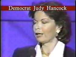 ["In Vince Snowbarger's 1996 campaign ad, opponent Judy Hancock is portrayed negatively through various scenes. The ad shows video clips and overlays of text accusing Hancock of dishonesty and inconsistency, including false political claims, misleading statements about voting records and endorsements, and other credibility issues. The images of Hancock appear distraught and uneasy, reinforcing the ad's critical message."]