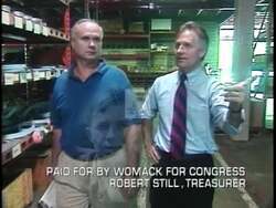 ["In the 1996 presidential campaign ad, Democratic candidate Don Womack presents himself as a figure of integrity and reliability, juxtaposing his stern, resolute image against the lavish, questionable lifestyle of Sonny Callahan, funded by lobbyists. Womack's ad highlights his military and familial dedication while criticizing Callahan's unethical actions and ties to corruption, particularly with big tobacco."]