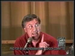 ["In the 1996 Democratic Party campaign ad, Steve Gill is depicted in various courtroom scenes, emblematic of his legal and ethical controversies. The ad highlights his connections to financial misconduct and misuse of resources, using dark, tense imagery to underscore his deceit and the investigations surrounding him, urging a vote against him."]