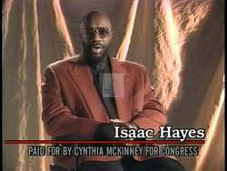 ["In a 1996 TV ad, Isaac Hayes endorsed Democratic candidate Cynthia McKinney for Congress, denouncing negative campaign tactics and championing her dedication to justice. Highlighting McKinney's commitment, Hayes encouraged voters to look beyond smear campaigns and vote for her on July 9th, portraying her as a staunch advocate for justice and integrity."]