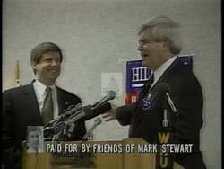 ["In the 1996 TV ad for Democratic candidate Mark Stewart, the campaign features a lively political rally where a speaker poignantly criticizes Congressman Van Hillary, associating him with Newt Gingrich's controversial policies. The ad aims to highlight discrepancies in Hillary's legislative record and his alignment with Gingrich."]