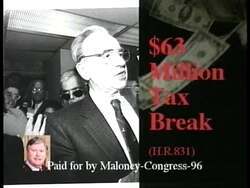 ["The 1996 political TV ad for Democratic candidate Jim Maloney targets opponent Gary Franks, portraying him engaging in corrupt activities with media mogul Rupert Murdoch. The ad illustrates the erosion of public trust, showing scenes of handshakes, celebrations over dubious book deals, and questionable tax breaks, painting Franks as deeply entangled in self-serving corruption."]