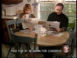 ["The 1996 political ad for Republican Mark Neumann subtly implies allegations of wealth accumulation through dubious political activities, visually represented by a luxurious mansion by a lake. This imagery appears crafted to fuel voters' skepticism about political integrity and tilt support away from established political figures perceived as corrupt."]