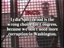 ["In Mark Neumann's 1996 political ad, various frames target Lydia Spotswood, accusing her of corruption related to project funding. The ad displays multiple accusations against Spotswood through text overlays, emphasizing that she is the wrong choice for Congress, while somber music plays, reinforcing the negative message."]